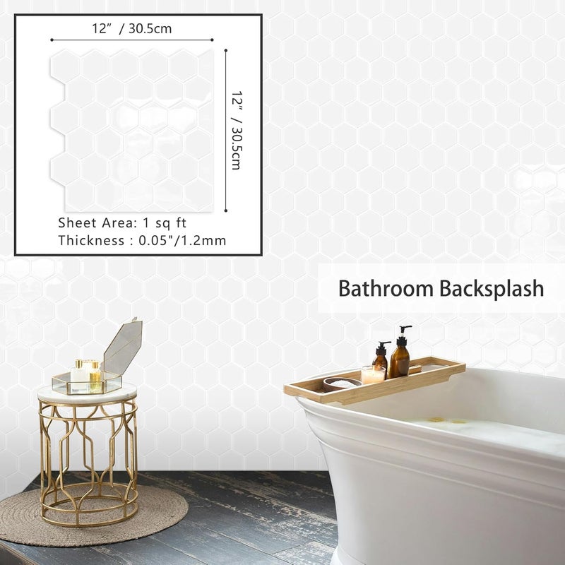 MOONFUN White Hexagon Peel and Stick Backsplash,12" x 12" Self Adhesive Back Splash Honeycomb Stick on Wall Tile for Kitchen,Bathroom,Fireplace,RV(10 Sheets) - Image 2